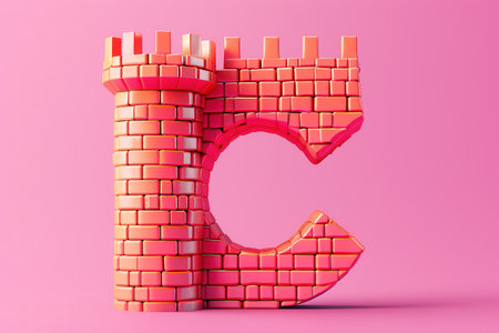 A red brick castle with the letters C on it. The castle is made of blocks and has a castle-like appearance with Generative AIの素材