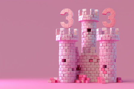 A castle with a number 3 on it. The castle is made of bricks and has a tower with Generative AIの素材