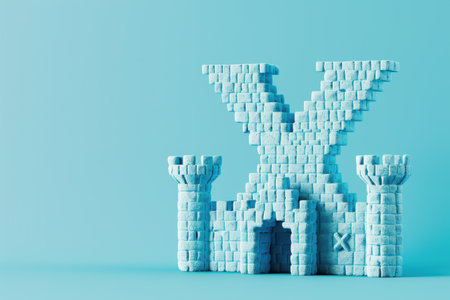 The pink castle is made of bricks and has a large X on it. The X is made up of smaller bricks, giving it a unique and artistic appearance. The castle is situated on a pink background with Generative AIの素材