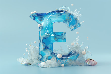 The letter E is made of water and bubbles, giving it a playful and whimsical appearance. The blue color of the letter contrasts with the white bubbles, creating a sense of movement and energy with Generative AIの素材