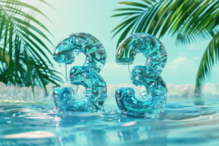 The number 3 is made out of water and is surrounded by sand and sea creatures. The image has a calming and serene mood, as it evokes the feeling of being at the beach with Generative AIの素材