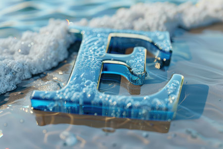 The letter E is made of water and bubbles, giving it a playful and whimsical appearance. The blue color of the letter contrasts with the white bubbles, creating a sense of movement and energy with Generative AIの素材