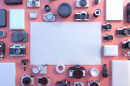 A collection of cameras and other camera equipment arranged in a circle on a red background. Concept of creativity and passion for photography, as well as the importance of capturing moments with Generative AIの素材