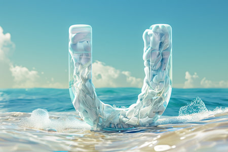 The image is a creative and colorful representation of the letter U. It features a variety of aquatic creatures, such as fish, starfish, and coral, as well as flowers and plants with Generative AIの素材