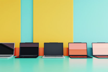 A row of laptops are lined up on a green table. The laptops are of different colors and sizes, and they are all turned off. The scene gives off a sense of organization and order with Generative AIの素材