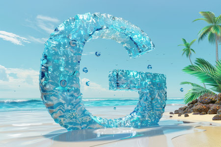 The letter G is made of blue glass and is surrounded by green leaves. The image has a calming and serene mood, as the blue and green colors blend together to create a peaceful atmosphere with Generative AIの素材