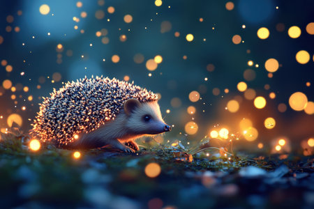 A small hedgehog is sitting on a patch of grass in the dark. The image has a dreamy, whimsical feel to it, with the bright lights and the small size of the hedgehog creating a sense of wonder with Generative AIの素材