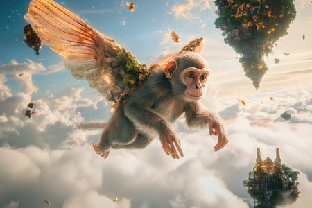 A monkey is flying in the sky with its wings. The image has a whimsical and playful mood, as it is not a realistic depiction of a monkey flying with Generative AIの素材