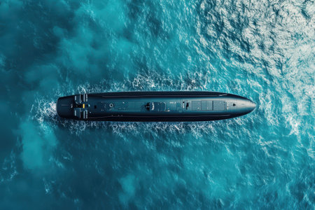 A large submarine is floating in the ocean. The water is blue and the sky is clear. The submarine is the main focus of the image, and it is in motion with Generative AIの素材
