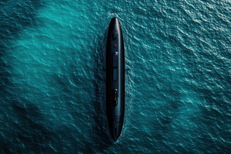 A large submarine is floating in the ocean. The water is blue and the sky is clear. The submarine is the main focus of the image, and it is in motion with Generative AIの素材