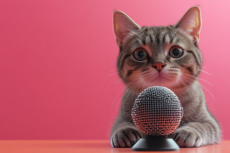 A cat is sitting on a table with a microphone in front of it. The cat is looking at the camera with a curious expression. The scene is playful and lighthearted with Generative AIの素材