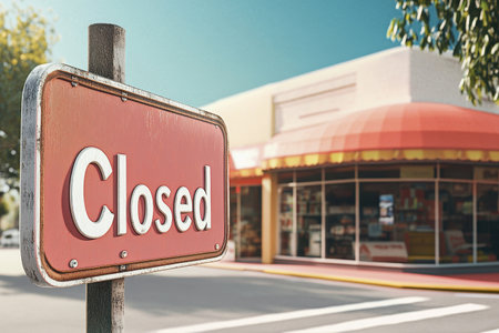 A closed sign hangs on a building. The sign is red and yellow with Generative AIの素材