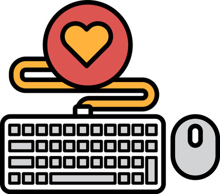 A keyboard and mouse are shown with a heart symbol in the middle. The heart symbol is red and orange, and it is surrounded by a white background. Concept of warmth and affectionのイラスト素材