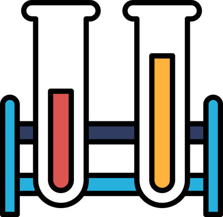 Two test tubes with red and yellow liquids in them. The tubes are on a blue stand. The tubes are not connected to each otherのイラスト素材