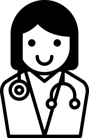 A woman doctor with a stethoscope on her head. She is smiling. The image is black and whiteのイラスト素材
