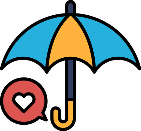 A blue and yellow umbrella with a red heart in the middle. The umbrella is open and the heart is inside of itのイラスト素材