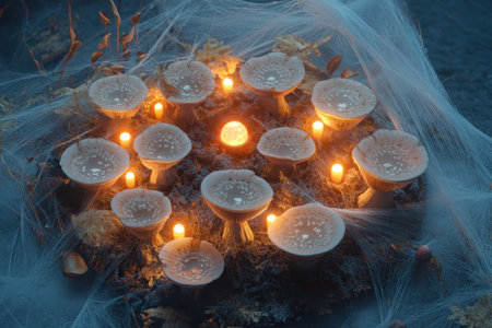 A group of glowing mushrooms are arranged in a circle. The mushrooms are lit up and appear to be glowing in the dark. The scene has a mystical and ethereal feel to it with Generative AIの素材