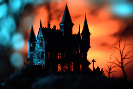 A castle with a dark blue sky in the background. The castle is old and has a spooky atmosphere with Generative AIの素材