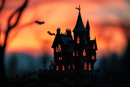 A castle with a dark blue sky in the background. The castle is old and has a spooky atmosphere with Generative AIの素材