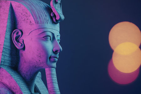 A statue of a woman with a snake on her head. The statue is in a blue background with Generative AIの素材