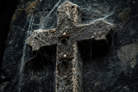 A cross with spider webs on it. The spider webs give the cross a creepy, eerie appearance with Generative AIの素材