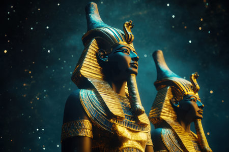 Two statues of Egyptian gods are standing in front of a starry sky. The statues are made of gold and are very detailed. Scene is serene and majestic, as if the gods are looking down upon the world with Generative AIの素材