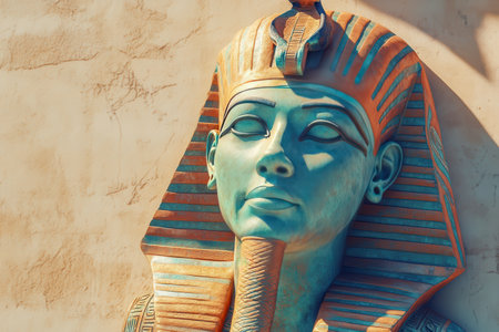 A statue of a woman with a blue face and gold trim. The statue is of a pharaoh and is located on a wall with Generative AIの素材