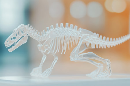 A paleontologist's model of a dinosaur skeleton is on display. The skeleton is made of clear plastic and is on a white table. Concept of curiosity and fascination with the ancient creature with Generative AIの素材