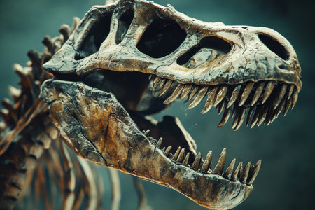 A dinosaur skeleton with a large mouth and sharp teeth. Concept of ancient history and the power of these creatures with Generative AIの素材