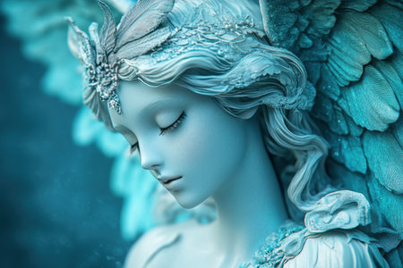 A gold angel doll with blue eyes and a gold dress. The doll is sitting on a table with Generative AIの素材