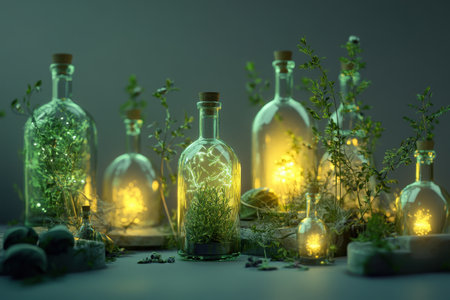 A collection of glass vases with candles inside, some of which are green and some are yellow with Generative AIの素材