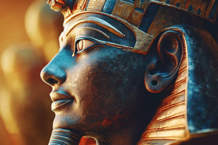 A statue of a man with a gold crown on his head. The statue is of a pharaoh and is very detailed with Generative AIの素材