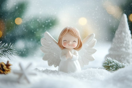 A small angel is standing in the snow next to a tree. The scene is peaceful and serene, with the snow-covered ground and the tree providing a sense of calmness with Generative AIの素材