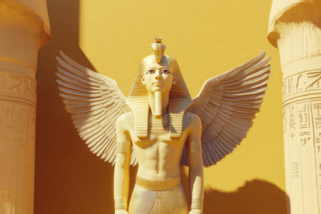 A statue of a man with a bird on his head stands in front of two pillars. The statue is made of white marble and has a golden color with Generative AIの素材