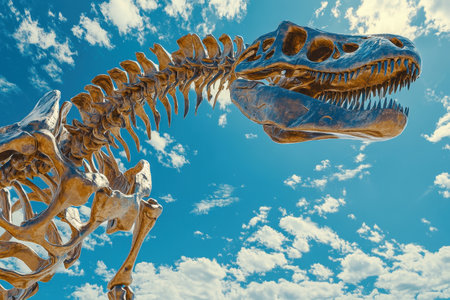 A skeleton of a dinosaur is walking on a rocky surface. The sky is cloudy and the sun is setting, creating a moody atmosphere with Generative AIの素材