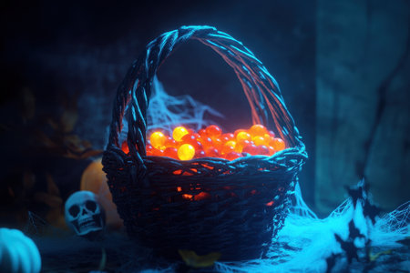 A basket of candy is on a table with a skull and spider web. Scene is eerie and spooky with Generative AIの素材