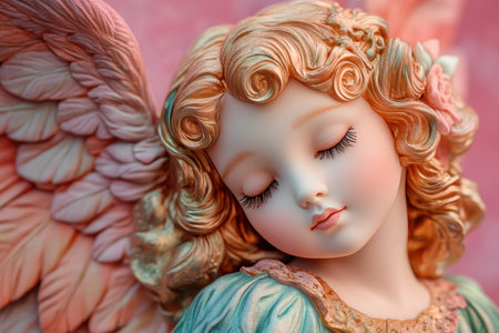 A small angel statue with pink wings and a blue dress. The angel is sleeping and has a pink flower on its head with Generative AIの素材