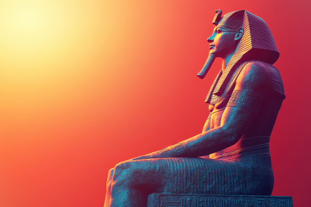 A statue of an Egyptian pharaoh sits on a throne in a room. The room is illuminated with red light, creating a dramatic and mysterious atmosphere. The statue is surrounded by hieroglyphics with Generative AIの素材