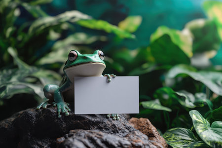 A frog is sitting on a rock next to a white card. The frog is looking at the camera, and the card is blank. Concept of curiosity and wonder, as the frog seems to be interested in the card with Generative AIの素材