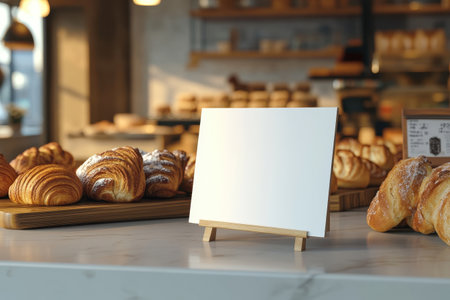 A white card is placed on top of a background with several croissants. The croissants are arranged in a way that they are all facing the same direction with Generative AIの素材