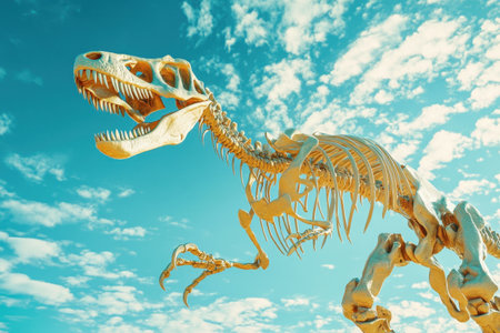A skeleton of a dinosaur is walking on a rocky surface. The sky is cloudy and the sun is setting, creating a moody atmosphere with Generative AIの素材