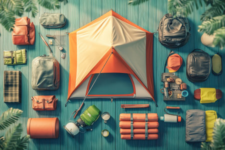 A colorful camping scene with a tent and various backpacks and bags. Scene is adventurous and fun with Generative AIの素材