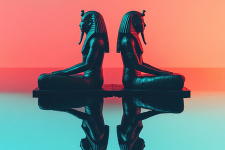 Two statues of Egyptian gods are sitting on a table with their backs facing the camera. Scene is calm and peaceful, as the statues are depicted as meditating with Generative AIの素材