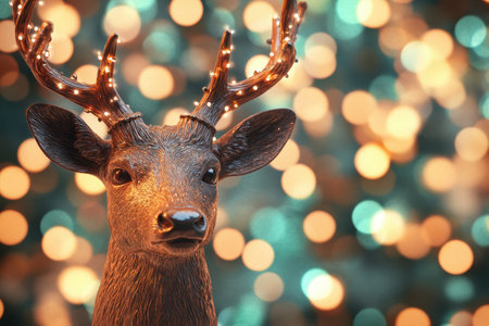 A deer head is on a table in front of a background of lights. The deer head is made of plastic and is facing the camera. The lights in the background create a warm and cozy atmosphere with Generative AIの素材