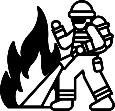 A firefighter is spraying water on a fire. Concept of urgency and danger, as the firefighter is working to put out the flames. The use of blue and red colors in the image adds to the dramatic effectのイラスト素材