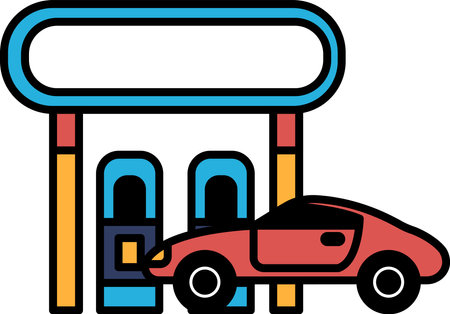 A red car is parked in front of a gas stationのイラスト素材