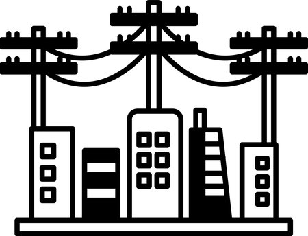 A city skyline with tall buildings and a power line in the background. Scene is urban and industrial, with a sense of power and energyのイラスト素材