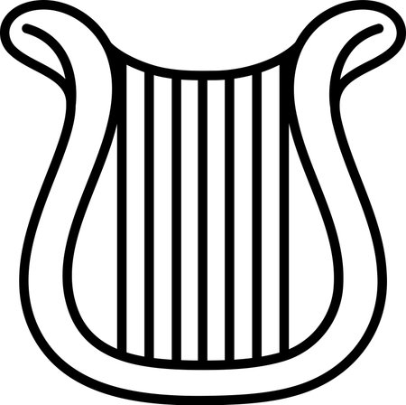 A black and white harp with black strings. The harp is a symbol of music and harmony
