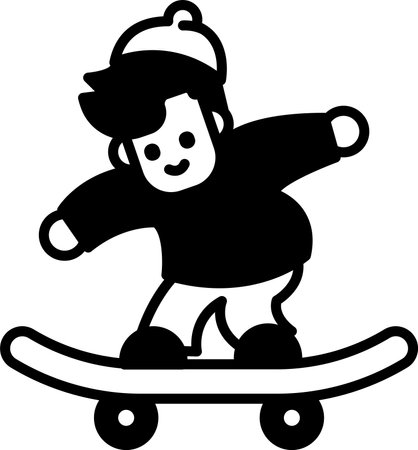 A cartoon boy is riding a skateboard. He is wearing a red shirt and a yellow hatのイラスト素材