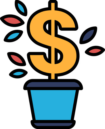 A dollar sign is planted in a pot. The dollar sign is surrounded by leaves, which are also blue. Concept of growth and prosperity, as the dollar sign is a symbol of wealthのイラスト素材